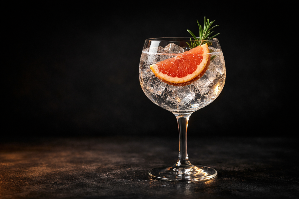Gin and tonic in a copa glass with grapefruit slice and rosemary garnish